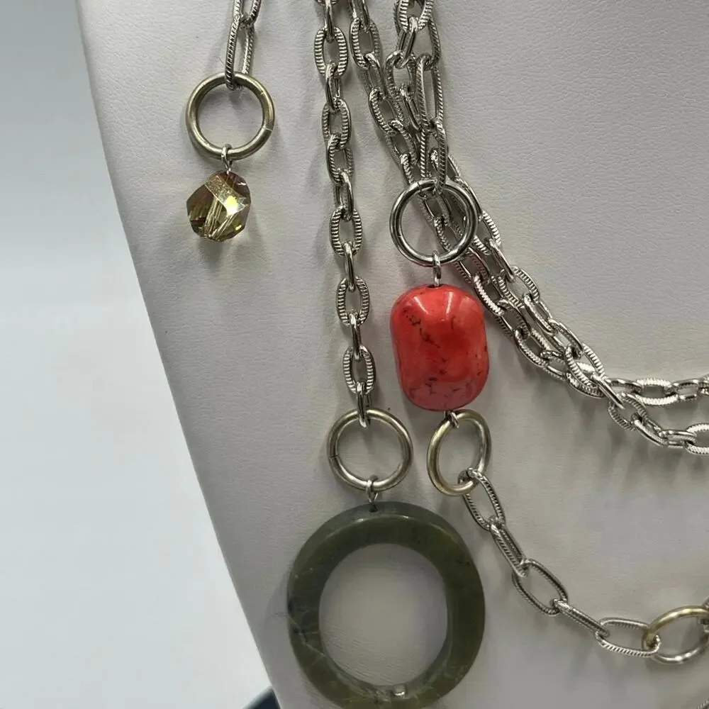 Emily Ray Boho Double Strand Stone Mixed Metal Chains Jade Green‎ Coral Necklace
